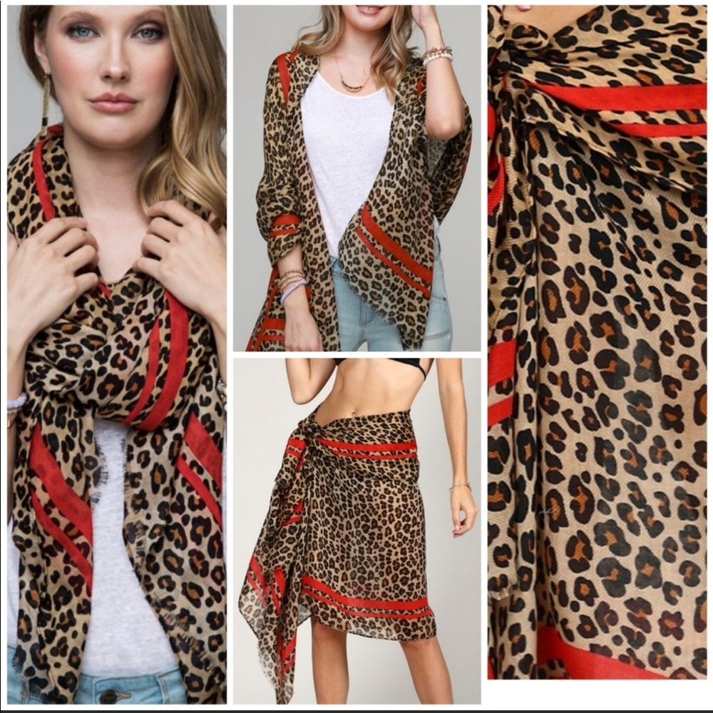 New Leopard Print Scarf/Sarong Red or Pink Stripe